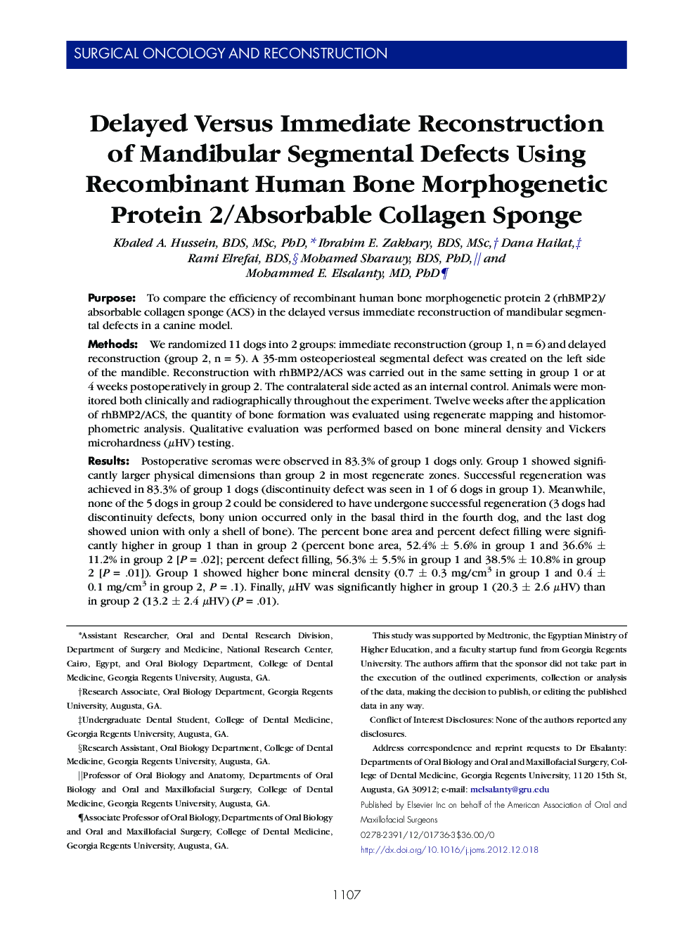 Delayed Versus Immediate Reconstruction of Mandibular Segmental Defects Using Recombinant Human Bone Morphogenetic Protein 2/Absorbable Collagen Sponge 