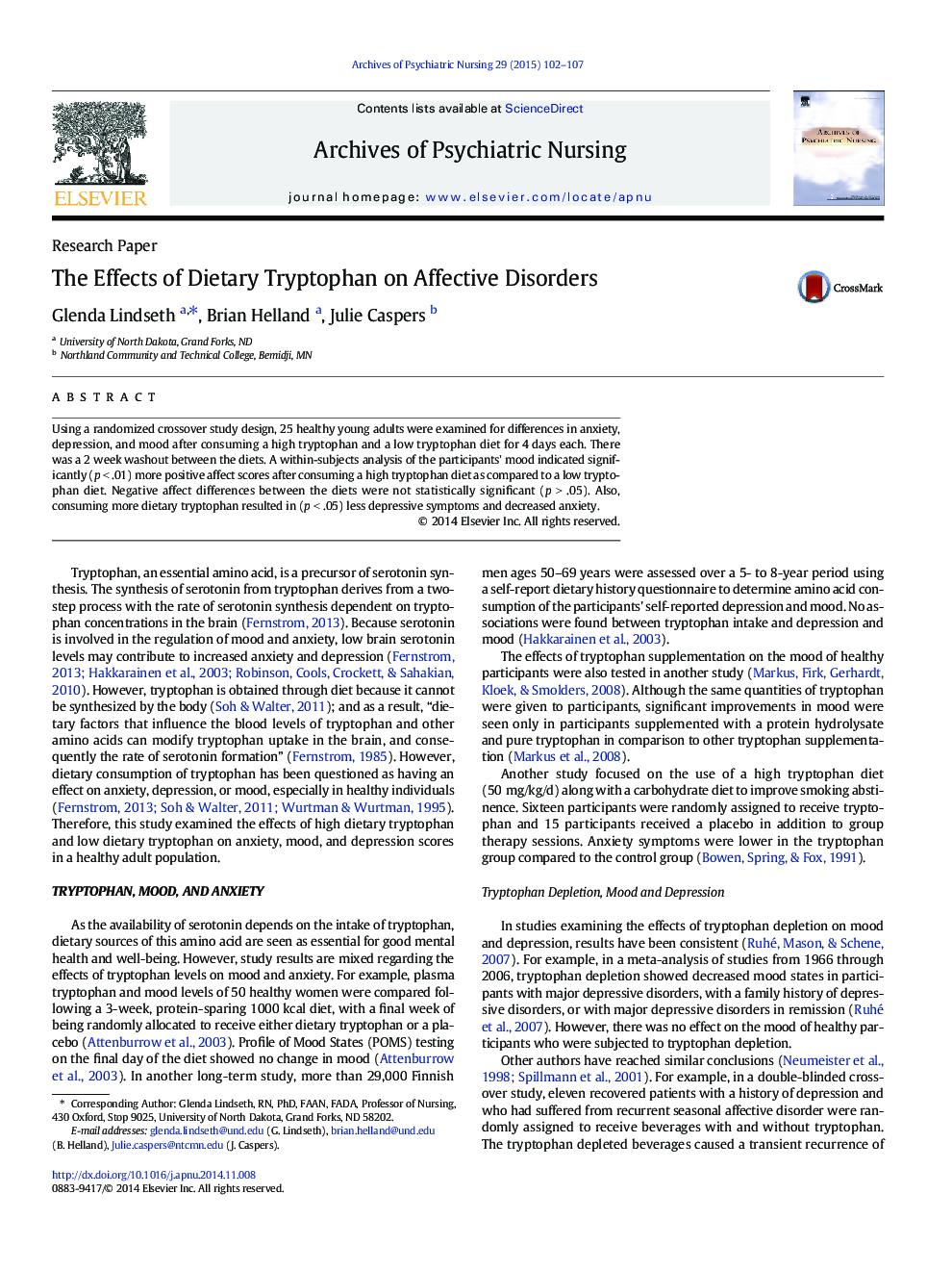 The Effects of Dietary Tryptophan on Affective Disorders