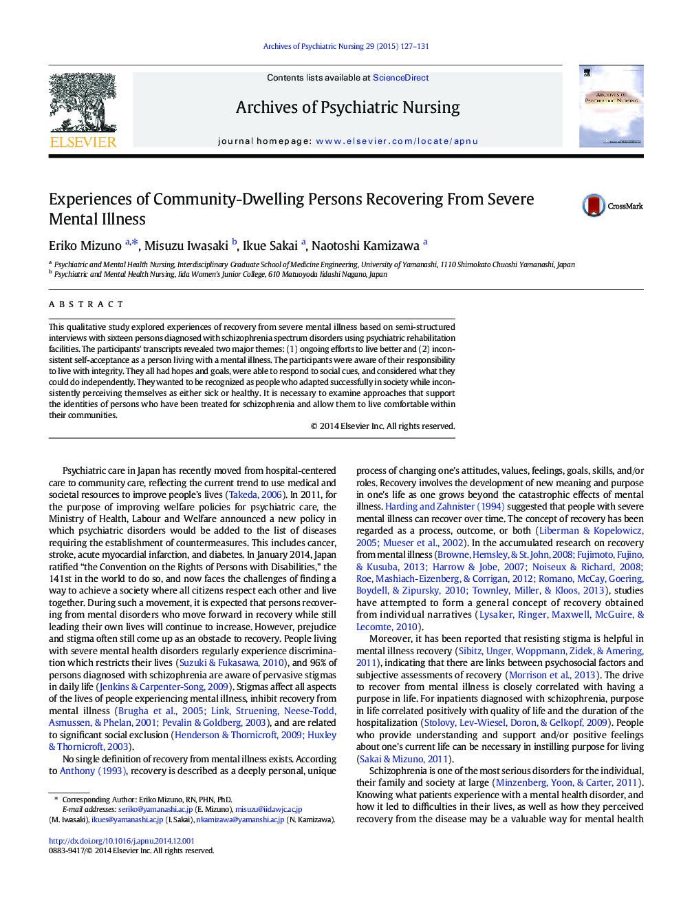 Experiences of Community-Dwelling Persons Recovering From Severe Mental Illness