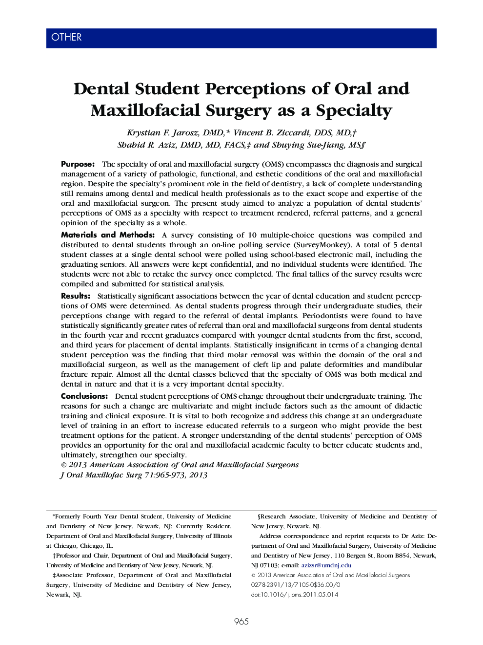 Dental Student Perceptions of Oral and Maxillofacial Surgery as a Specialty