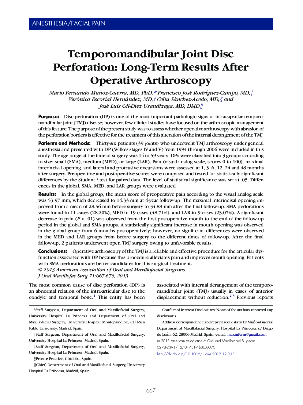 Temporomandibular Joint Disc Perforation: Long-Term Results After Operative Arthroscopy 