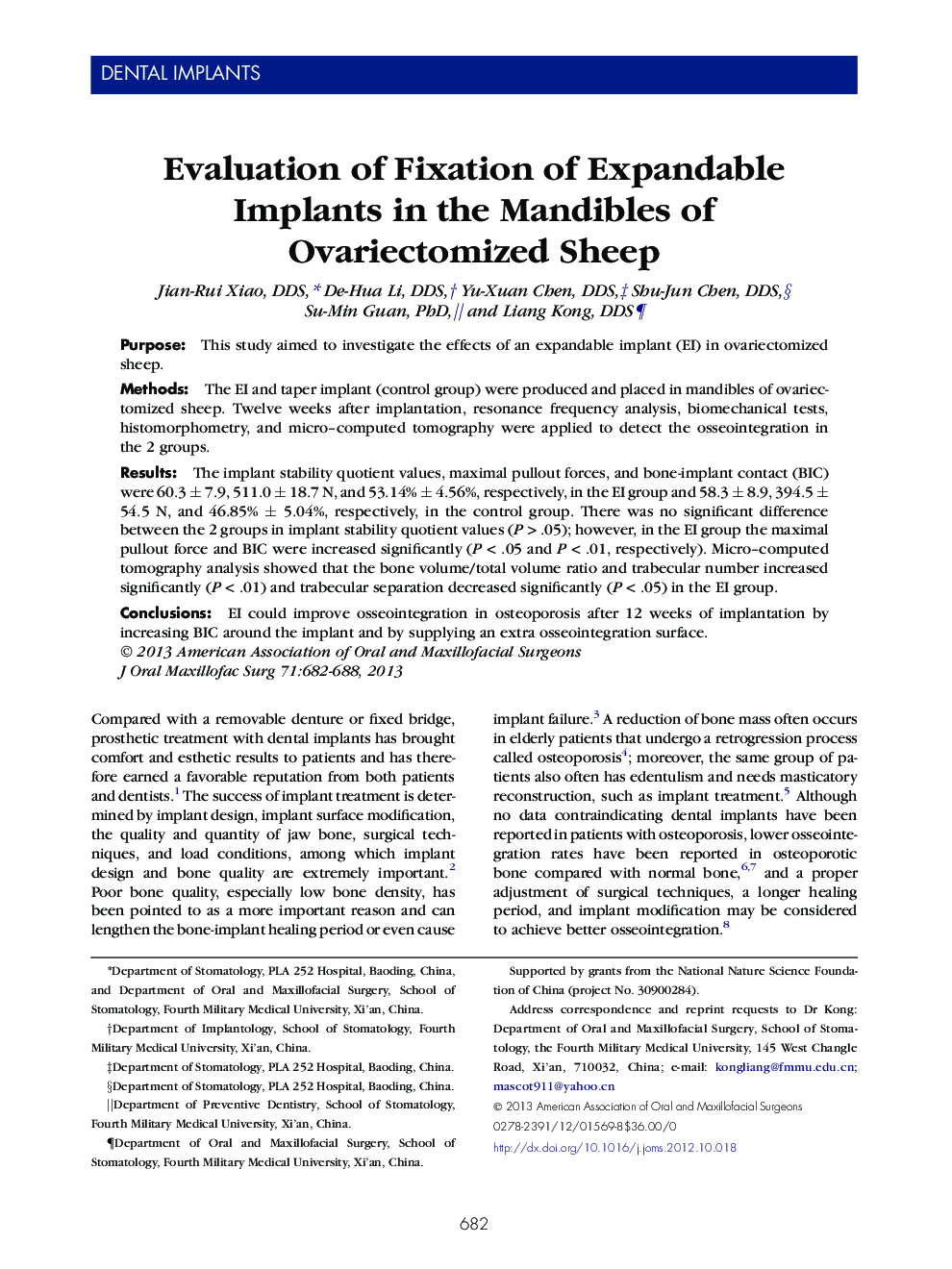 Evaluation of Fixation of Expandable Implants in the Mandibles of Ovariectomized Sheep