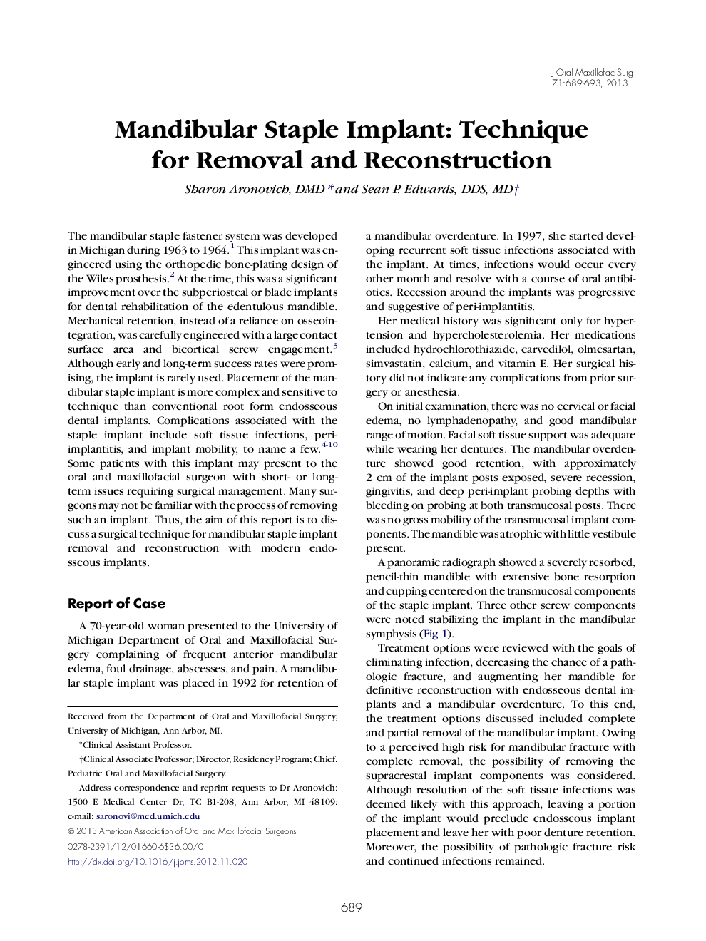 Mandibular Staple Implant: Technique for Removal and Reconstruction