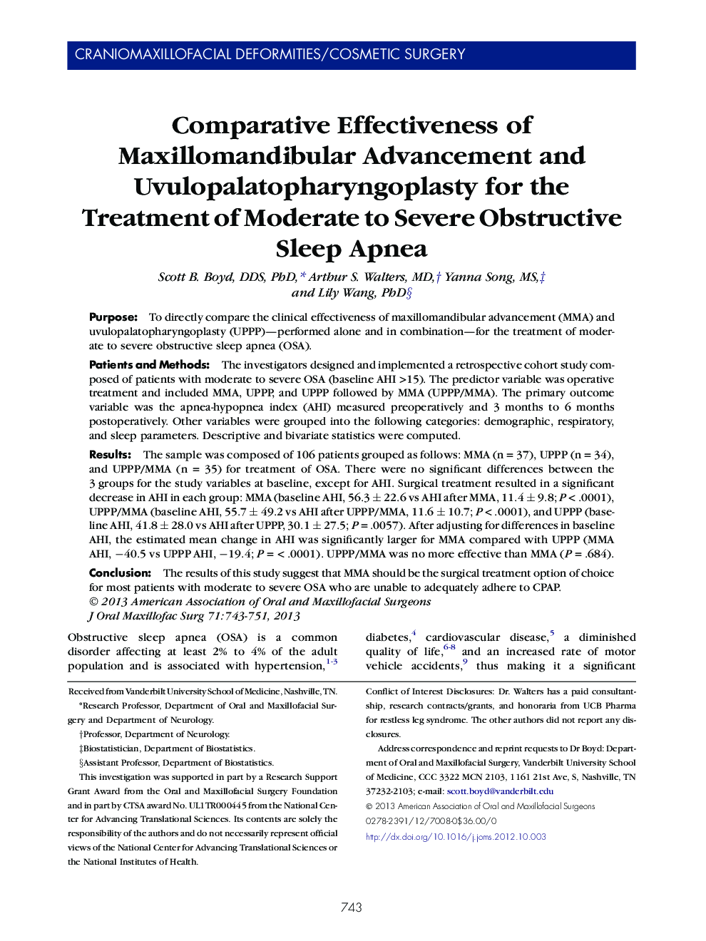 Comparative Effectiveness of Maxillomandibular Advancement and Uvulopalatopharyngoplasty for the Treatment of Moderate to Severe Obstructive Sleep Apnea 