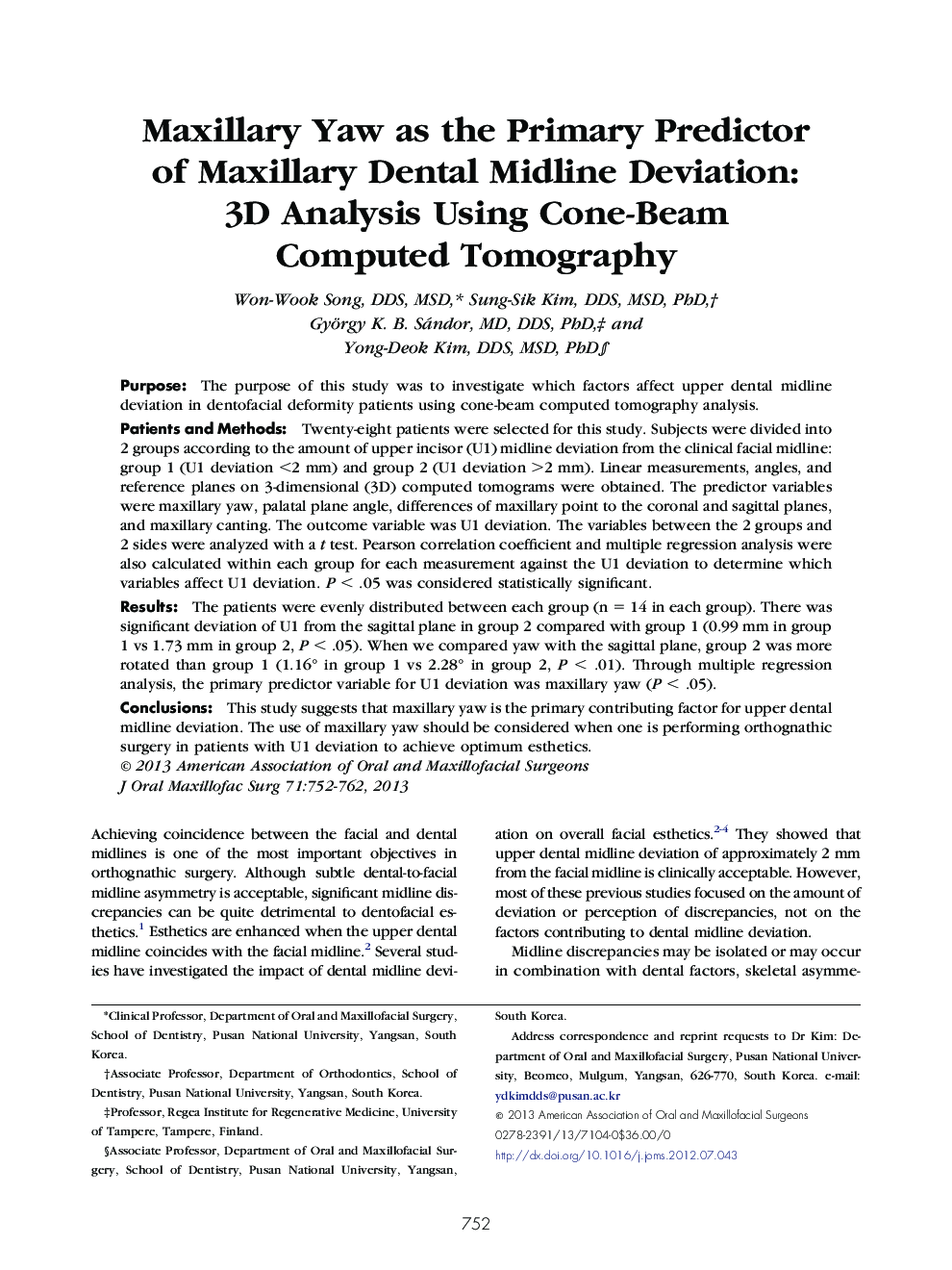 Maxillary Yaw as the Primary Predictor of Maxillary Dental Midline Deviation: 3D Analysis Using Cone-Beam Computed Tomography