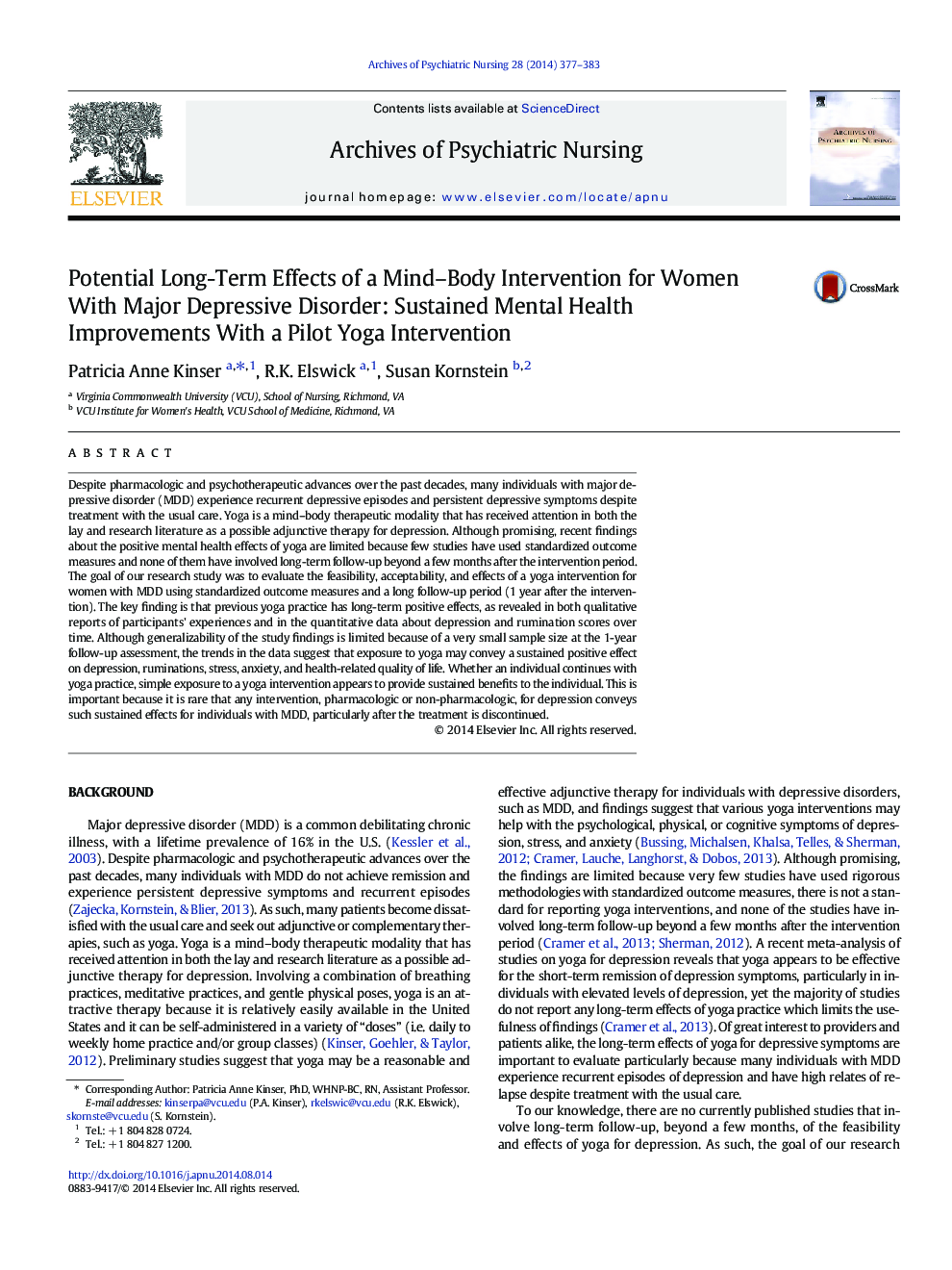 تأثیرات بلندمدت مداخلات ذهنی و جسمی برای زنان مبتلا به اختلال افسردگی عمده: بهبود مستمر سلامت روان با مداخله آزمایشی یوگا 