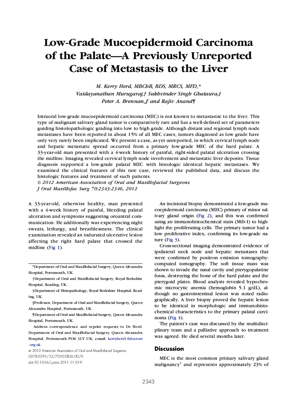 Low-Grade Mucoepidermoid Carcinoma of the Palate—A Previously Unreported Case of Metastasis to the Liver