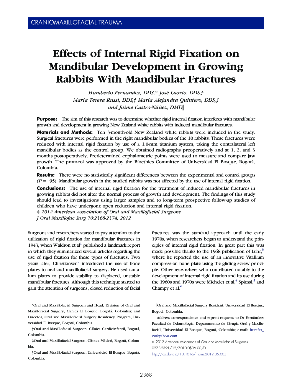 Effects of Internal Rigid Fixation on Mandibular Development in Growing Rabbits With Mandibular Fractures