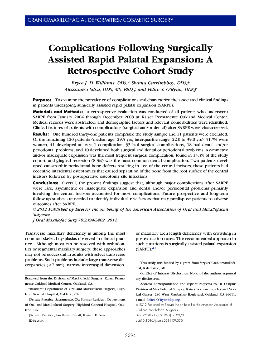 Complications Following Surgically Assisted Rapid Palatal Expansion: A Retrospective Cohort Study 