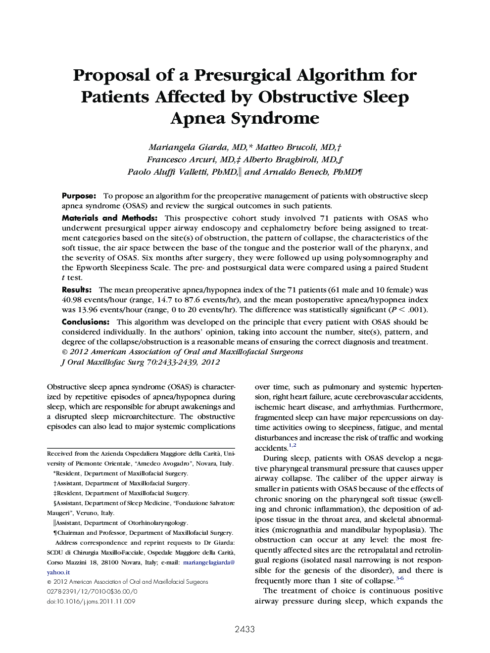 Proposal of a Presurgical Algorithm for Patients Affected by Obstructive Sleep Apnea Syndrome