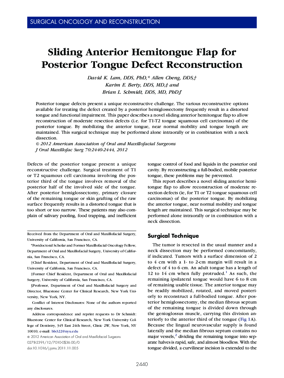 Sliding Anterior Hemitongue Flap for Posterior Tongue Defect Reconstruction 