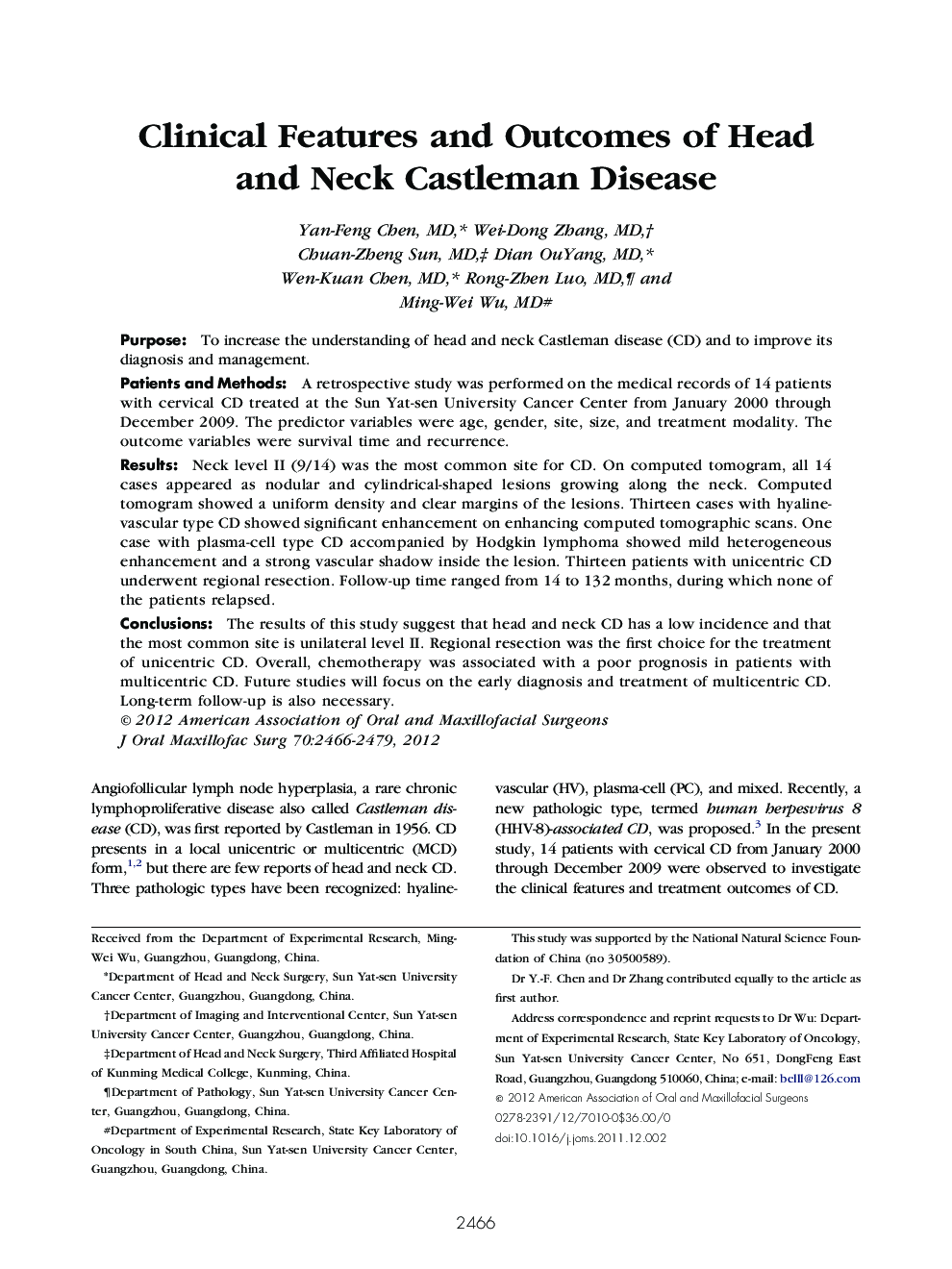Clinical Features and Outcomes of Head and Neck Castleman Disease 