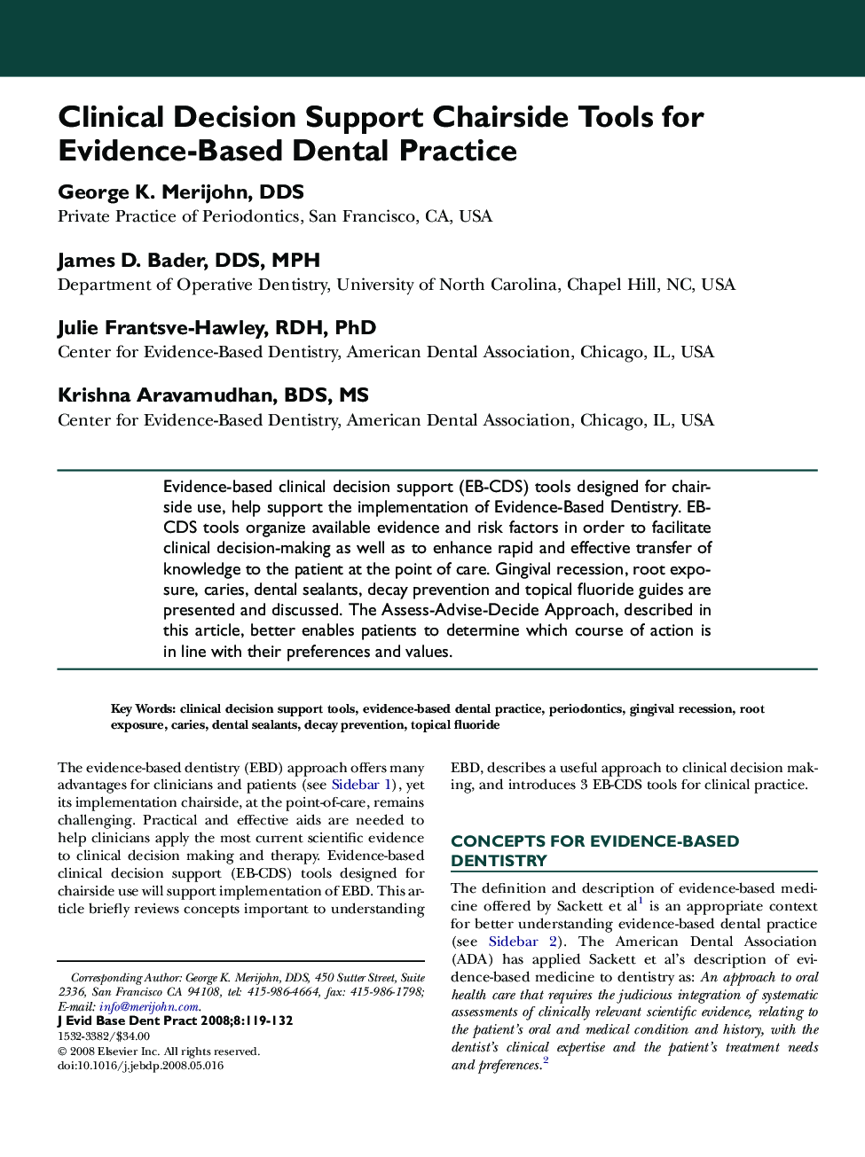 Clinical Decision Support Chairside Tools for Evidence-Based Dental Practice