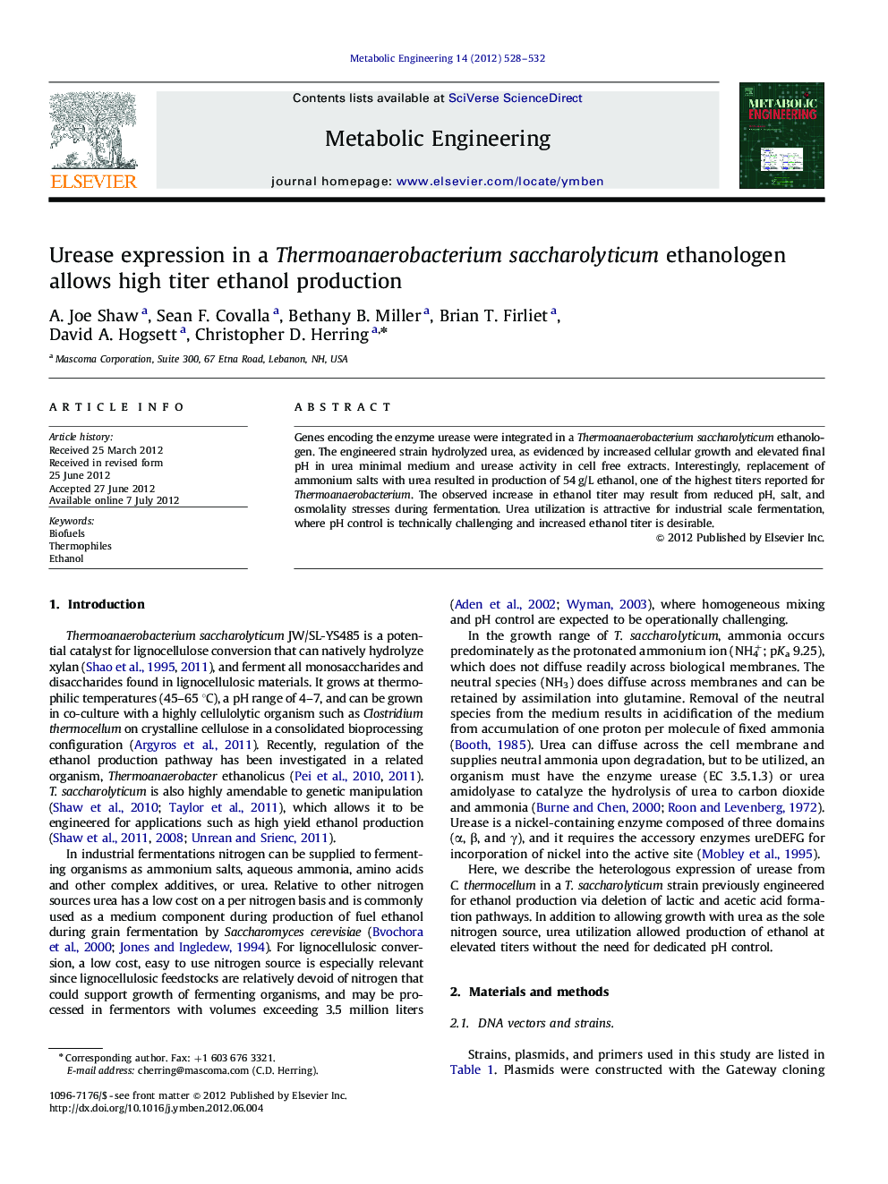 Urease expression in a Thermoanaerobacterium saccharolyticum ethanologen allows high titer ethanol production