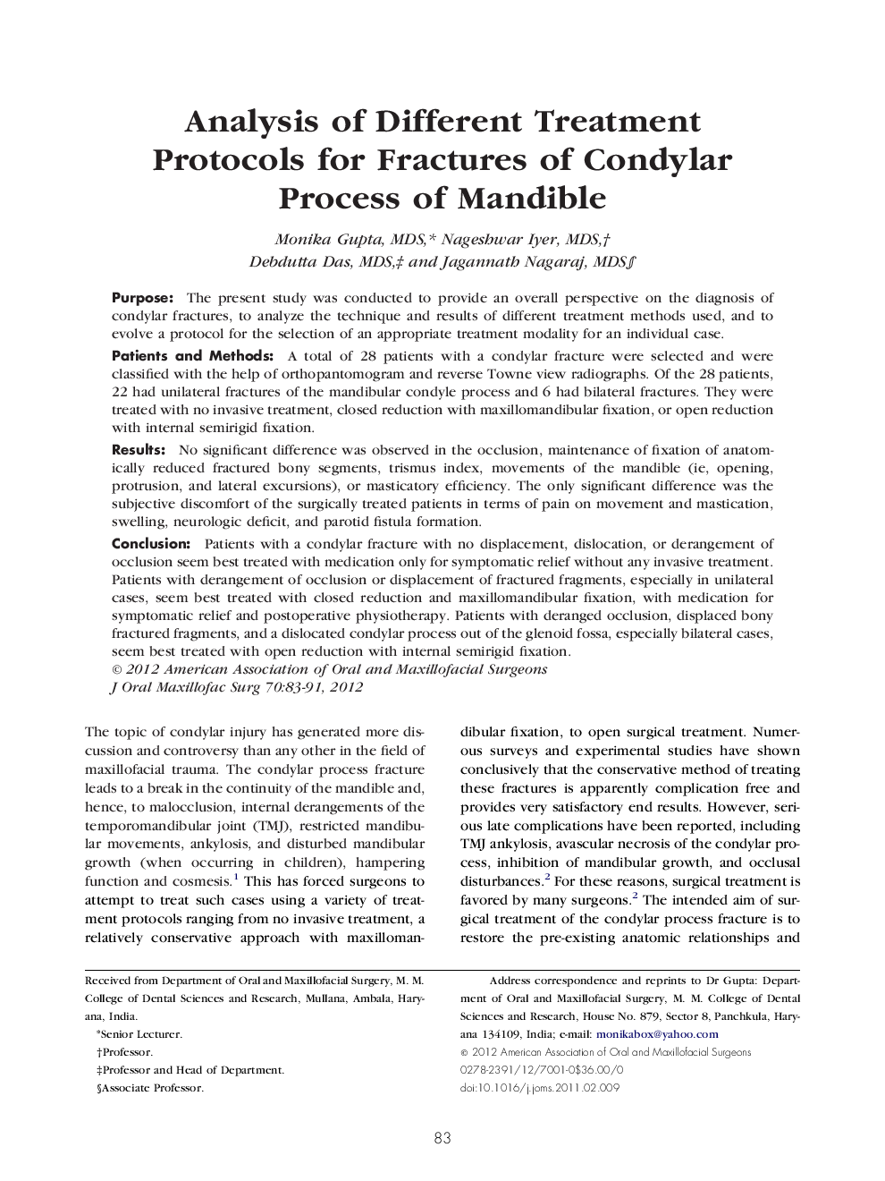 Analysis of Different Treatment Protocols for Fractures of Condylar Process of Mandible