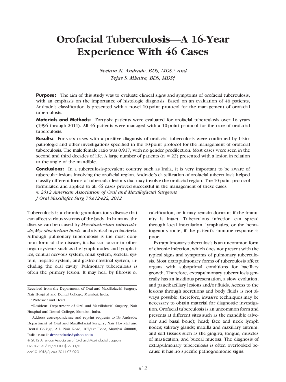 Orofacial Tuberculosis—A 16-Year Experience With 46 Cases