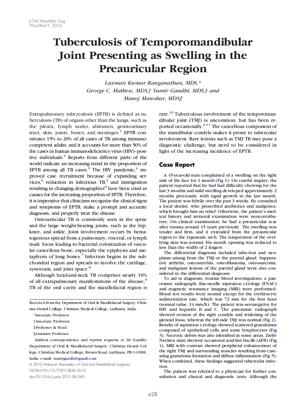 Tuberculosis of Temporomandibular Joint Presenting as Swelling in the Preauricular Region