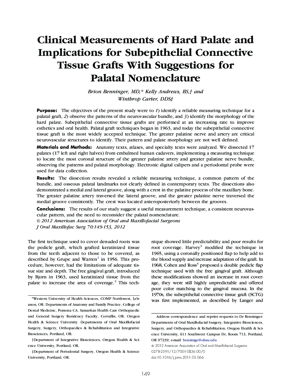 Clinical Measurements of Hard Palate and Implications for Subepithelial Connective Tissue Grafts With Suggestions for Palatal Nomenclature