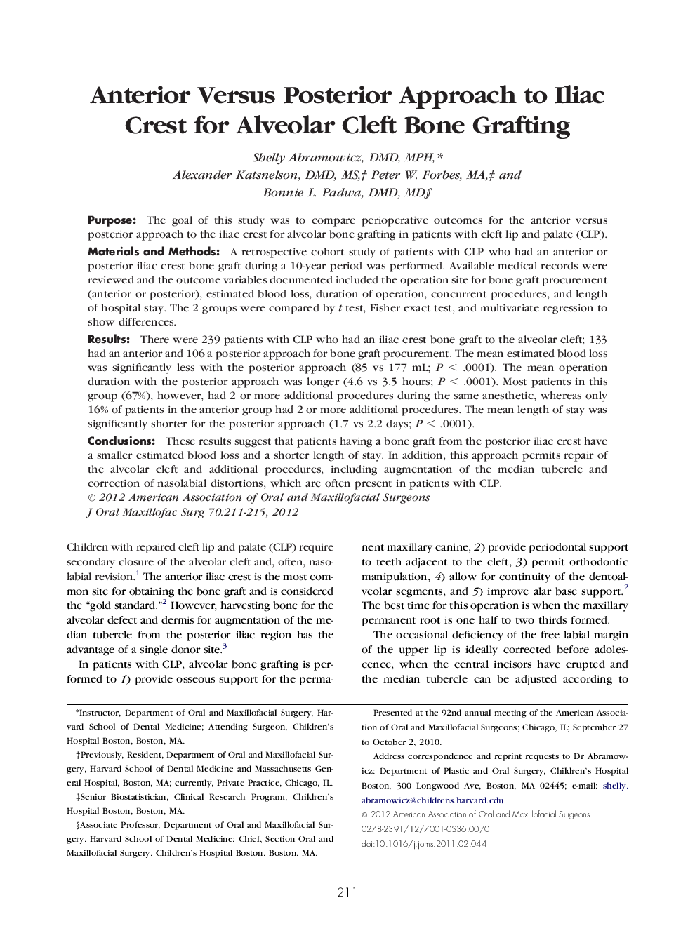 Anterior Versus Posterior Approach to Iliac Crest for Alveolar Cleft Bone Grafting