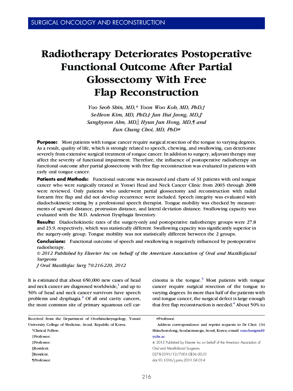 Radiotherapy Deteriorates Postoperative Functional Outcome After Partial Glossectomy With Free Flap Reconstruction