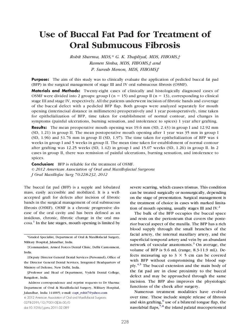 Use of Buccal Fat Pad for Treatment of Oral Submucous Fibrosis