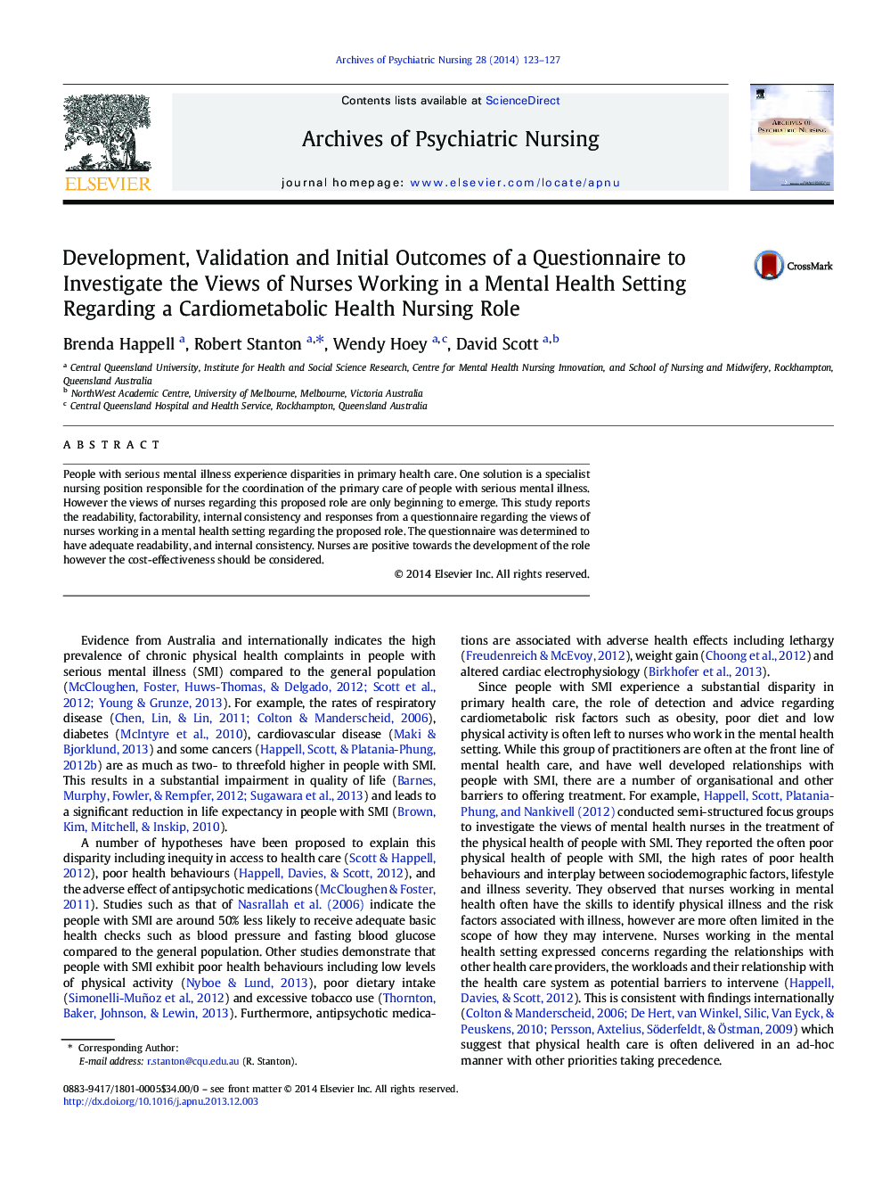 Development, Validation and Initial Outcomes of a Questionnaire to Investigate the Views of Nurses Working in a Mental Health Setting Regarding a Cardiometabolic Health Nursing Role