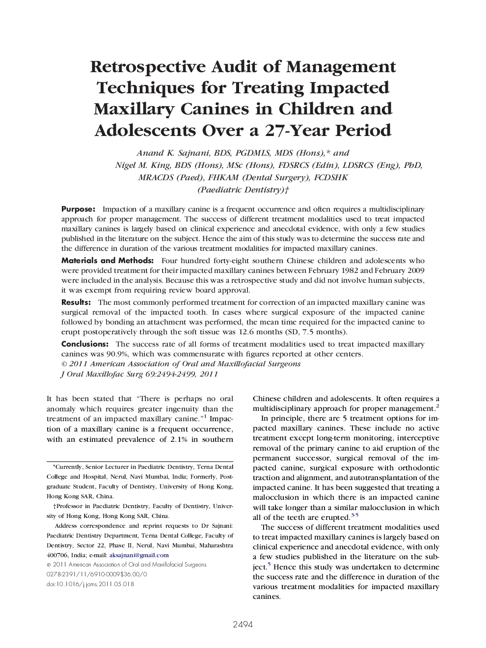 Retrospective Audit of Management Techniques for Treating Impacted Maxillary Canines in Children and Adolescents Over a 27-Year Period