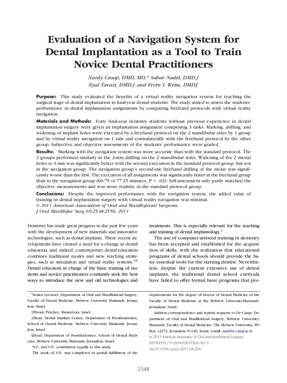 Evaluation of a Navigation System for Dental Implantation as a Tool to Train Novice Dental Practitioners