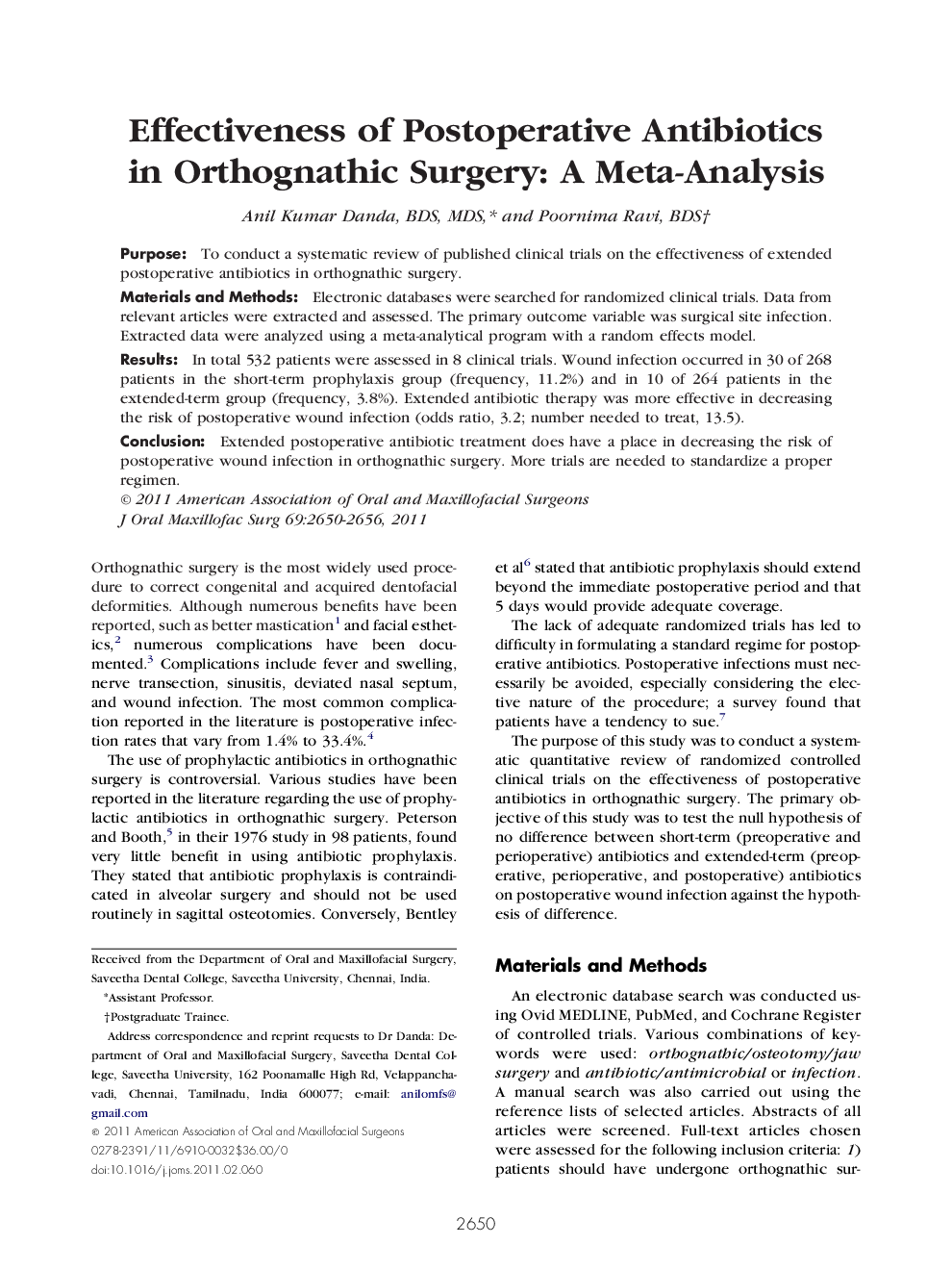Effectiveness of Postoperative Antibiotics in Orthognathic Surgery: A Meta-Analysis