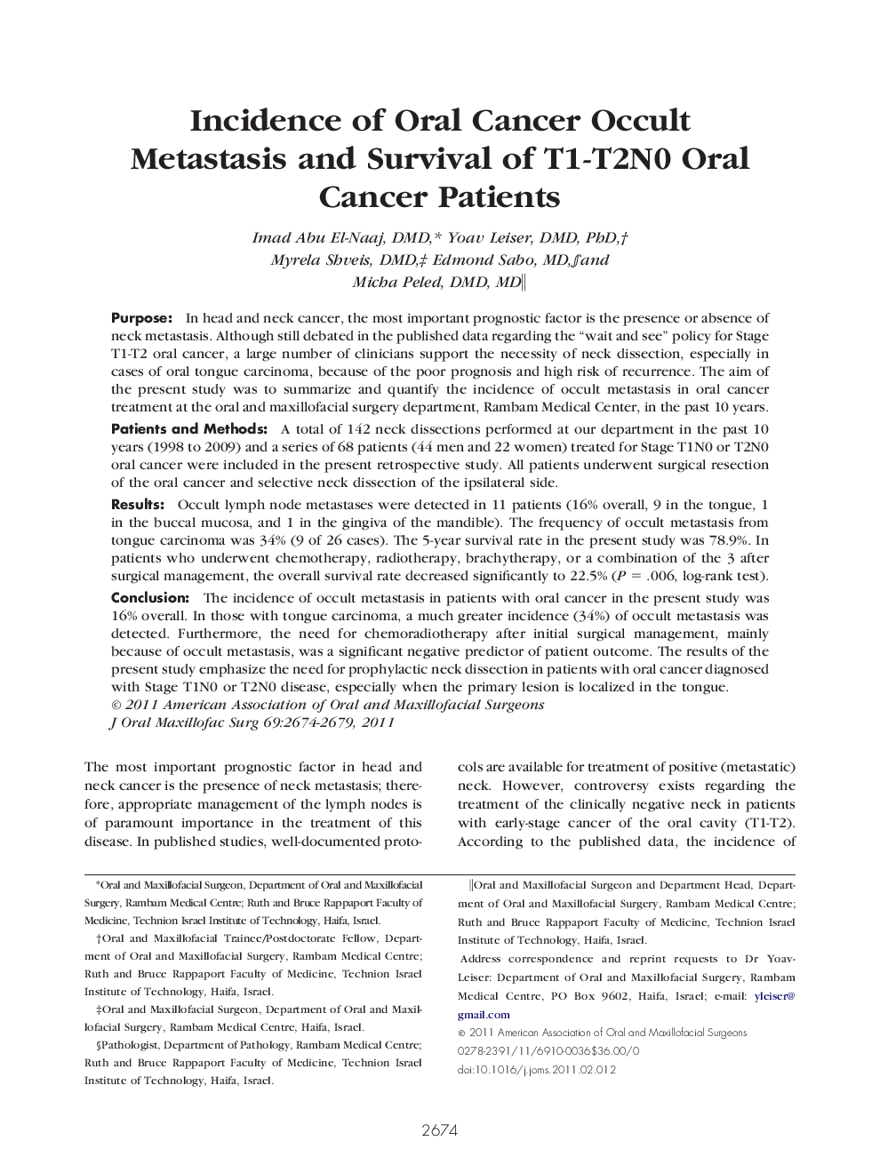 Incidence of Oral Cancer Occult Metastasis and Survival of T1-T2N0 Oral Cancer Patients