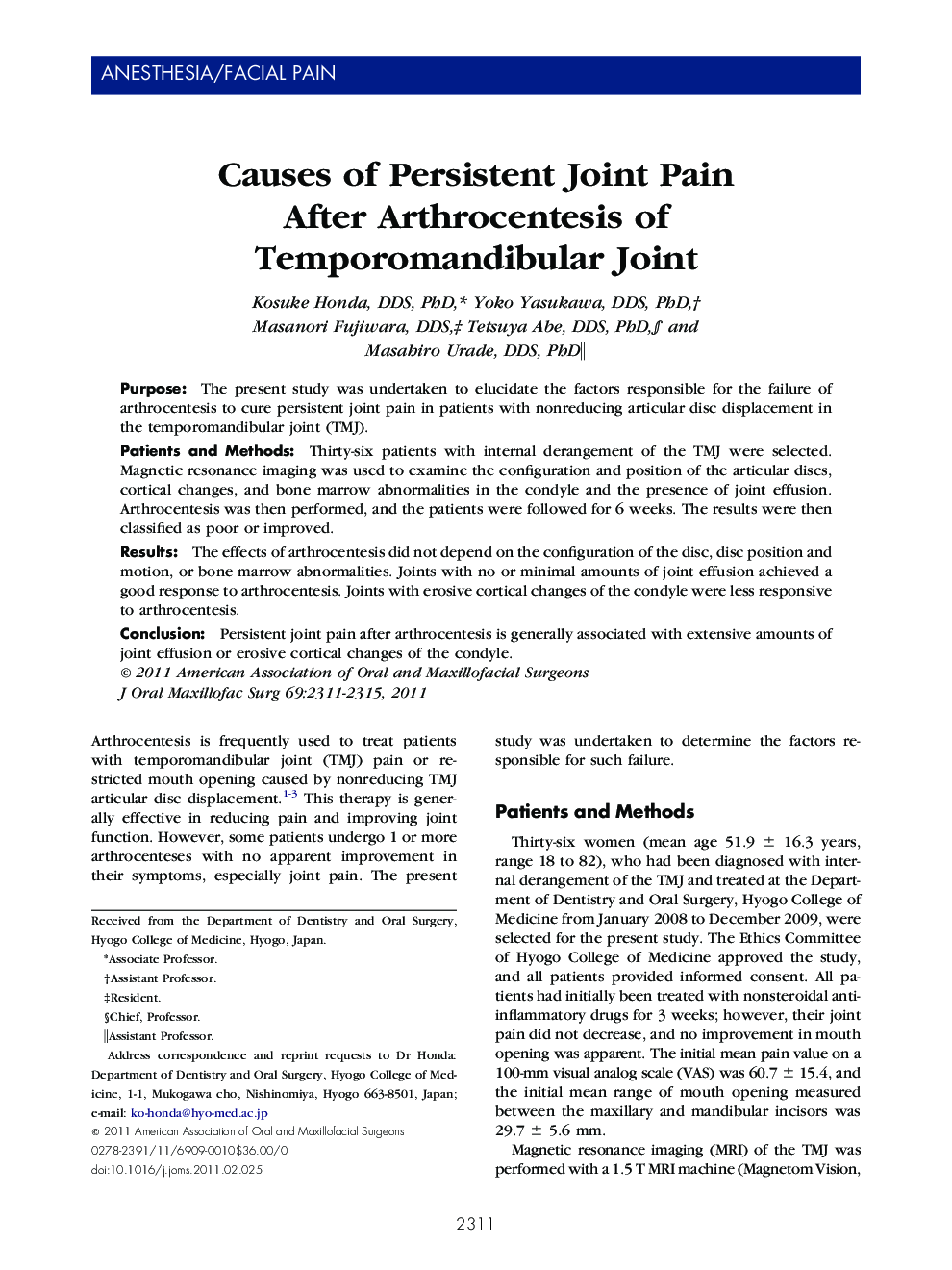 Causes of Persistent Joint Pain After Arthrocentesis of Temporomandibular Joint