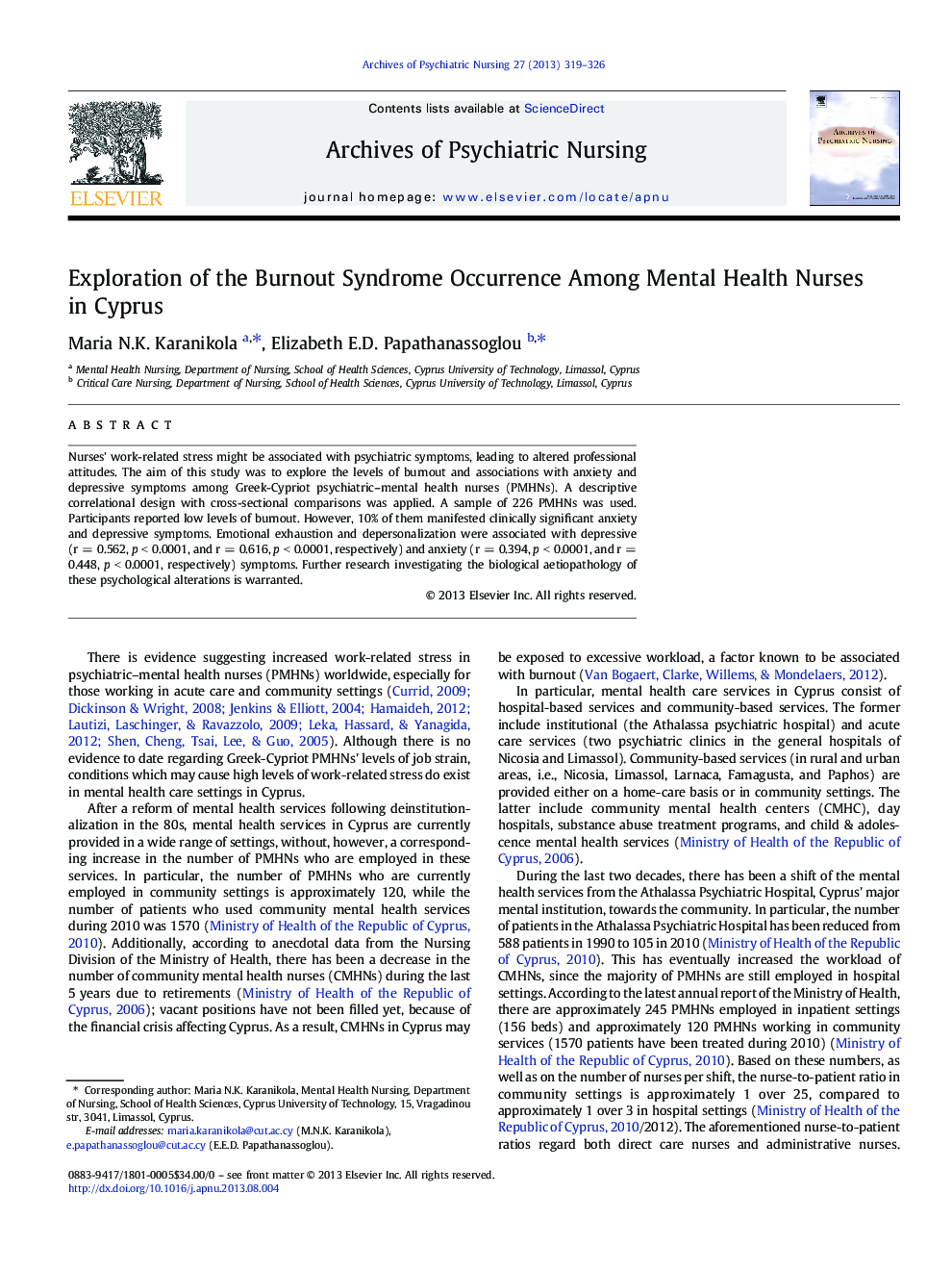 Exploration of the Burnout Syndrome Occurrence Among Mental Health Nurses in Cyprus