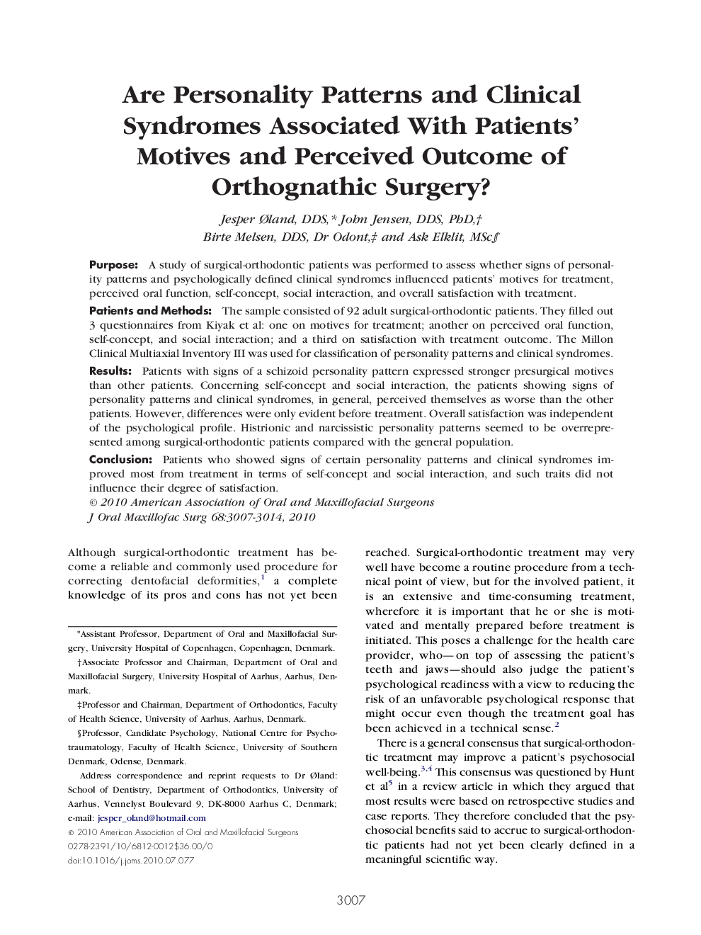 Are Personality Patterns and Clinical Syndromes Associated With Patients' Motives and Perceived Outcome of Orthognathic Surgery?