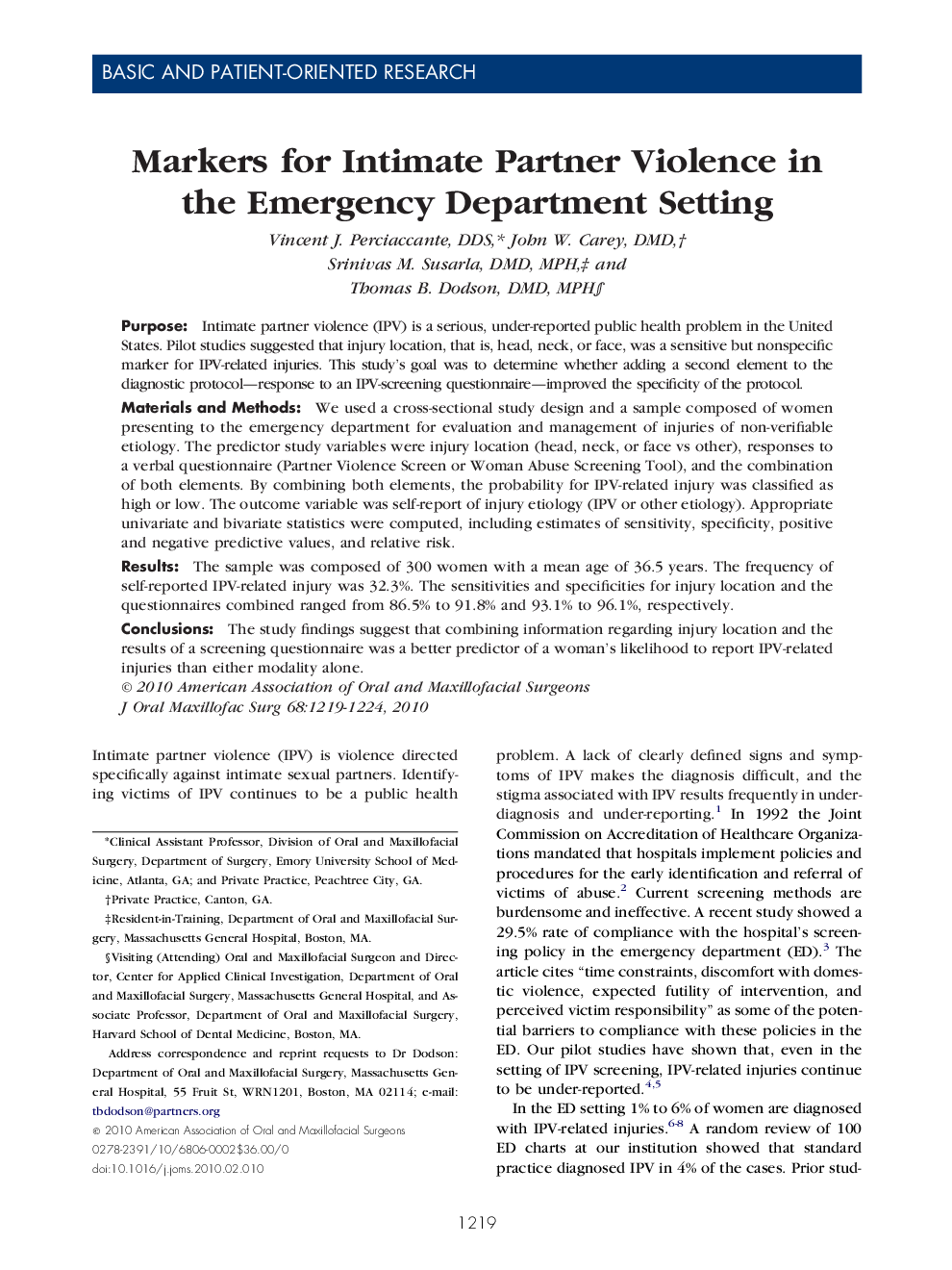 Markers for Intimate Partner Violence in the Emergency Department Setting