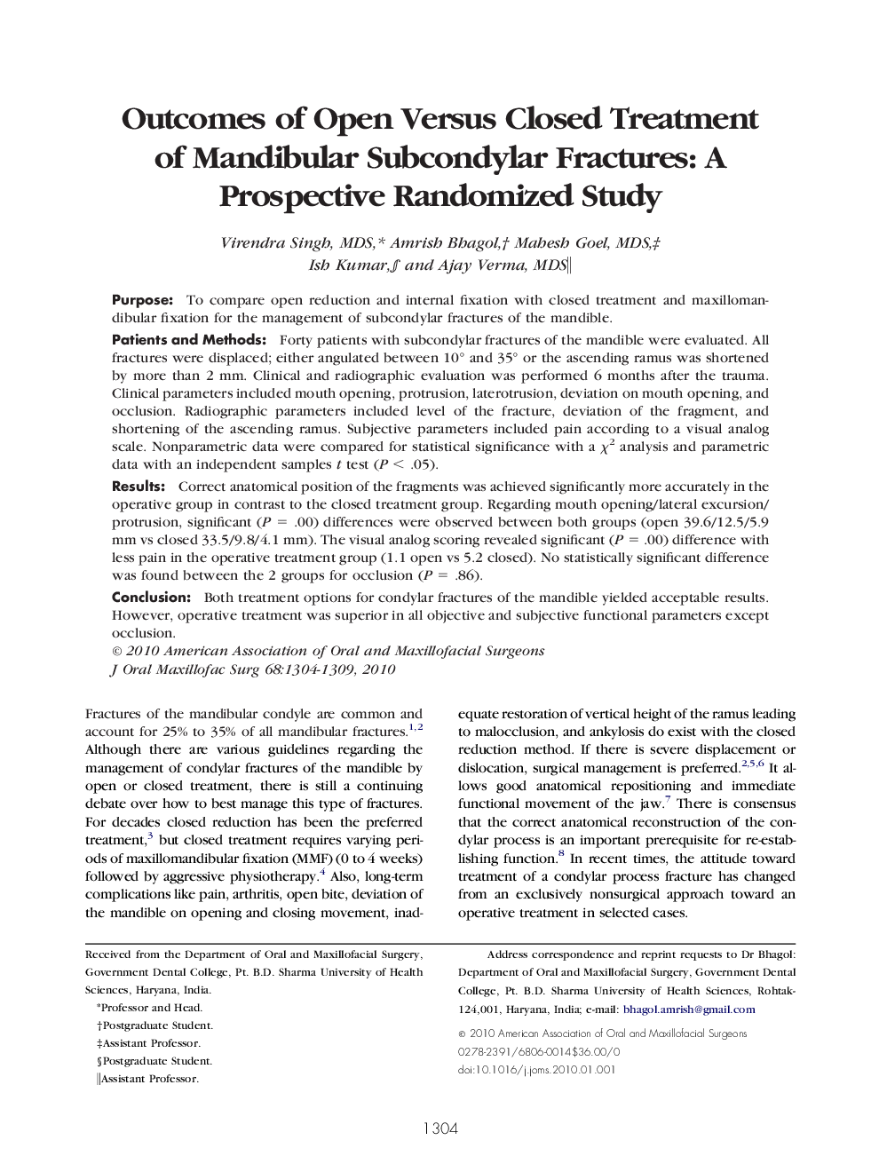 Outcomes of Open Versus Closed Treatment of Mandibular Subcondylar Fractures: A Prospective Randomized Study