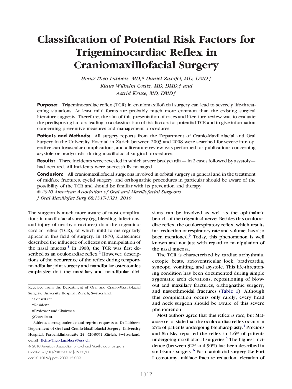 Classification of Potential Risk Factors for Trigeminocardiac Reflex in Craniomaxillofacial Surgery