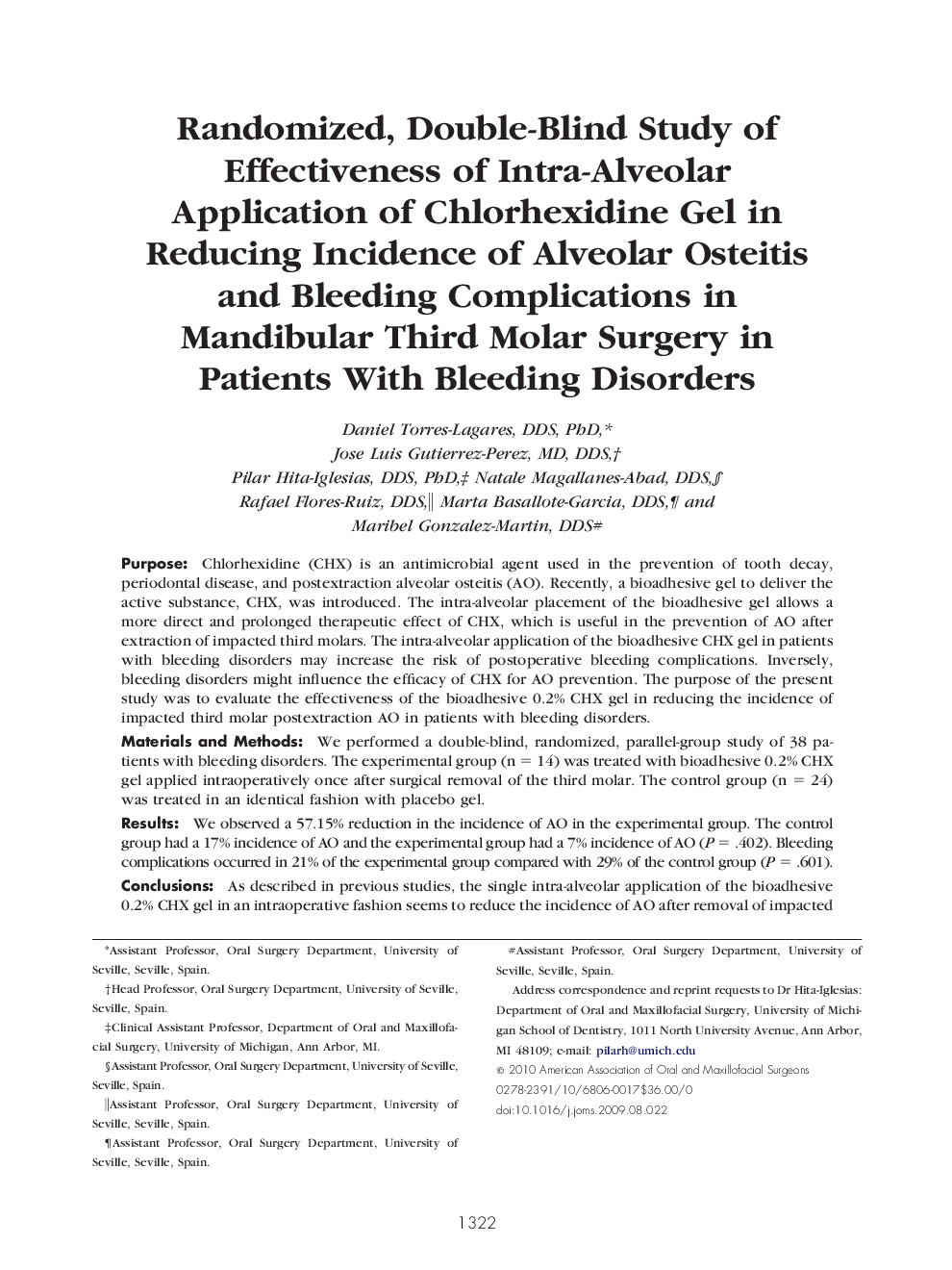 Randomized, Double-Blind Study of Effectiveness of Intra-Alveolar Application of Chlorhexidine Gel in Reducing Incidence of Alveolar Osteitis and Bleeding Complications in Mandibular Third Molar Surgery in Patients With Bleeding Disorders
