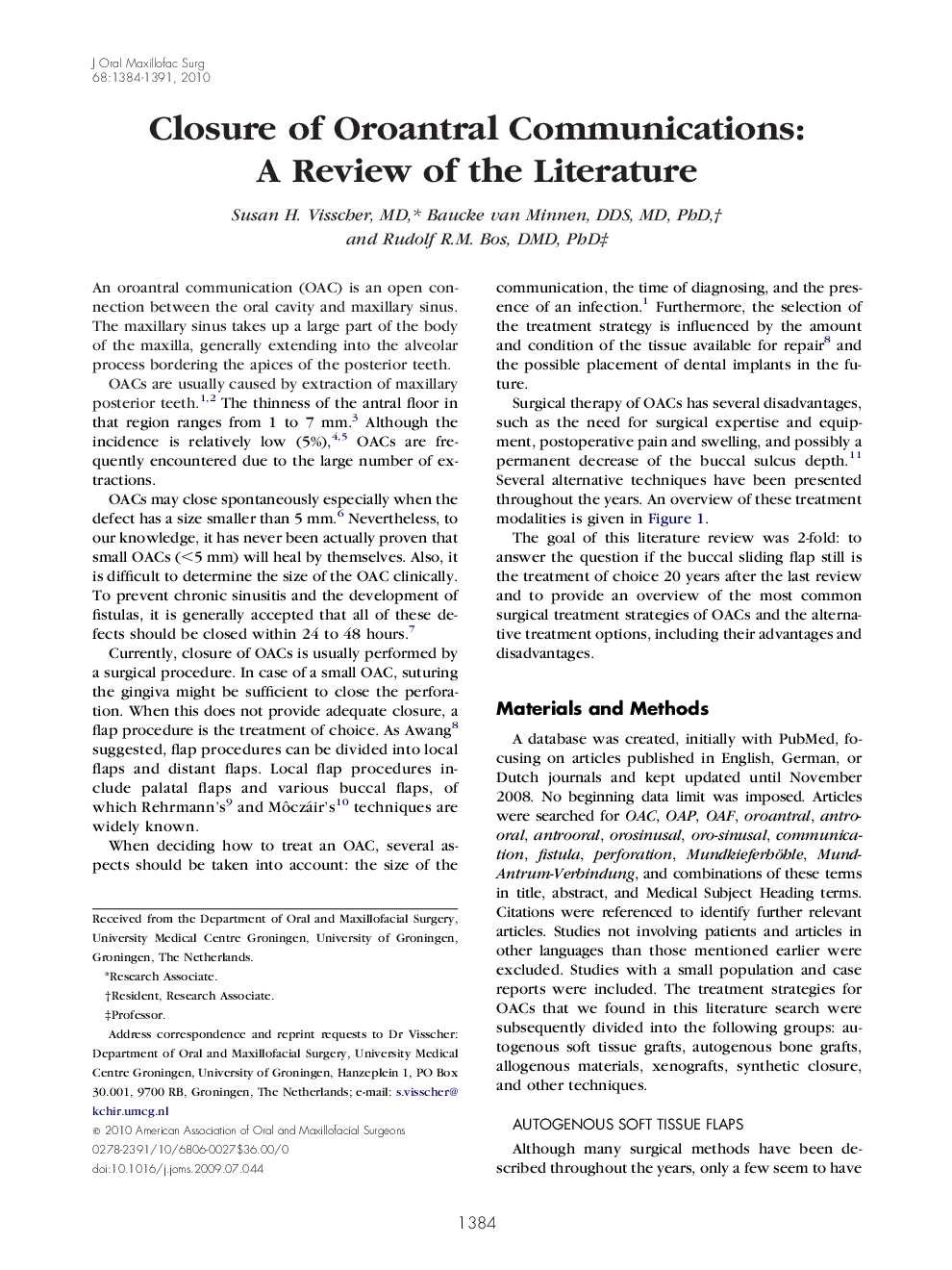 Closure of Oroantral Communications: A Review of the Literature