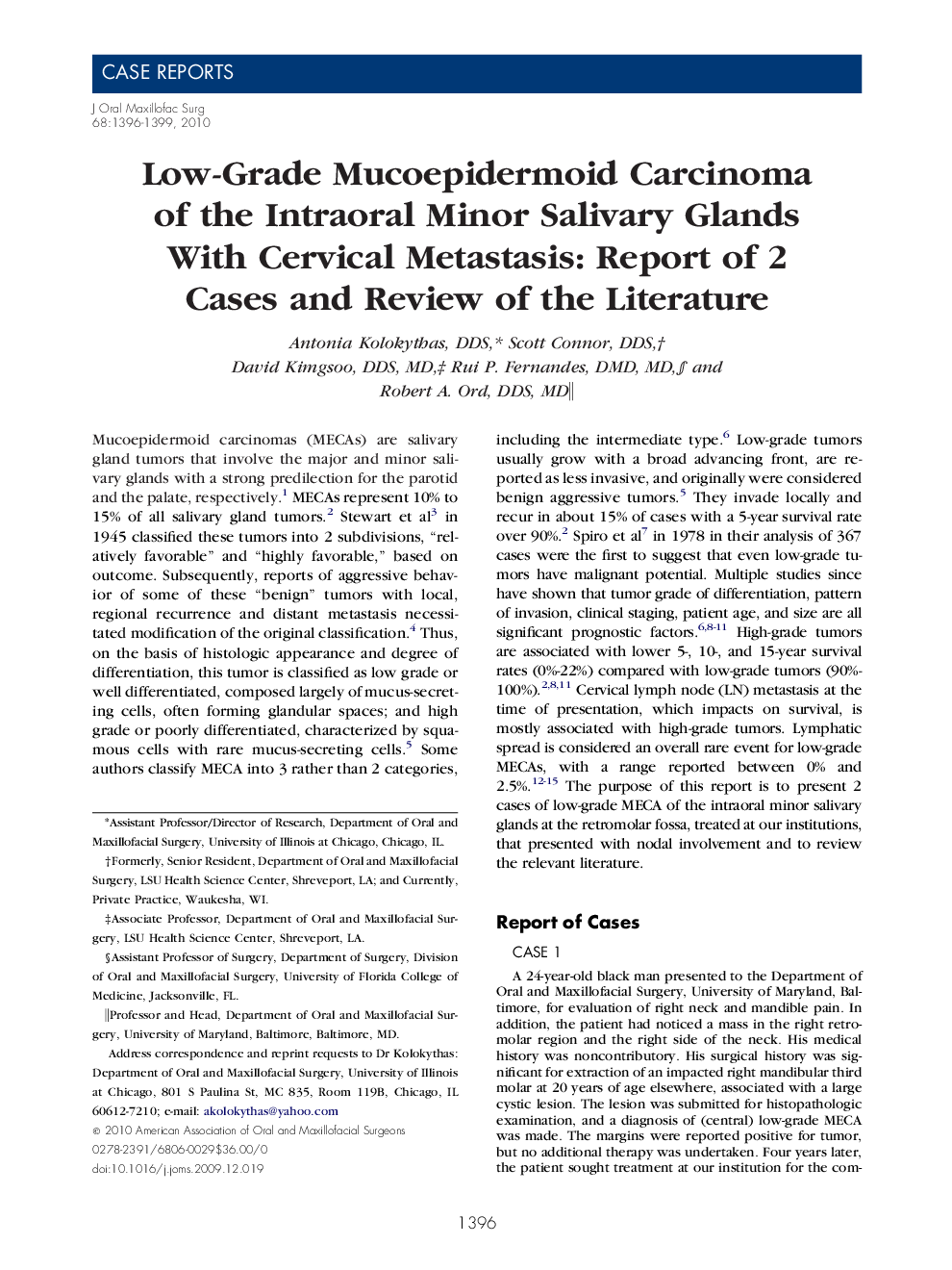 عکس صفحه اول مقاله: Low-Grade Mucoepidermoid Carcinoma of the Intraoral Minor Salivary Glands With Cervical Metastasis: Report of 2 Cases and Review of the Literature Low-Grade Mucoepidermoid Carcinoma of the Intraoral Minor Salivary Glands With Cervical Metastasis: Report of 2 Cases and Review of the Literature