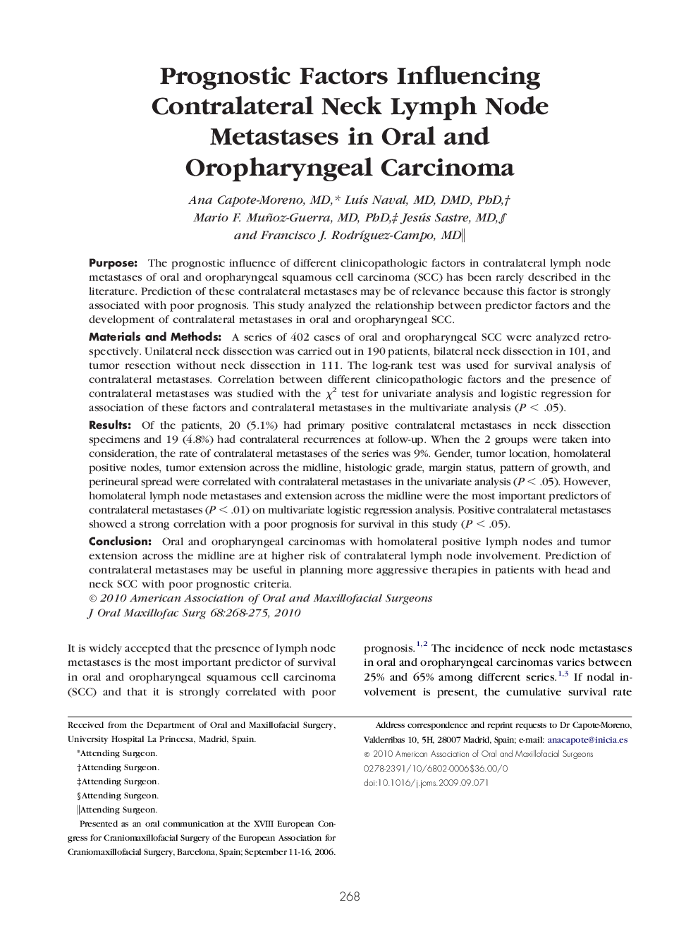 عکس صفحه اول مقاله: Prognostic Factors Influencing Contralateral Neck Lymph Node Metastases in Oral and Oropharyngeal Carcinoma Prognostic Factors Influencing Contralateral Neck Lymph Node Metastases in Oral and Oropharyngeal Carcinoma