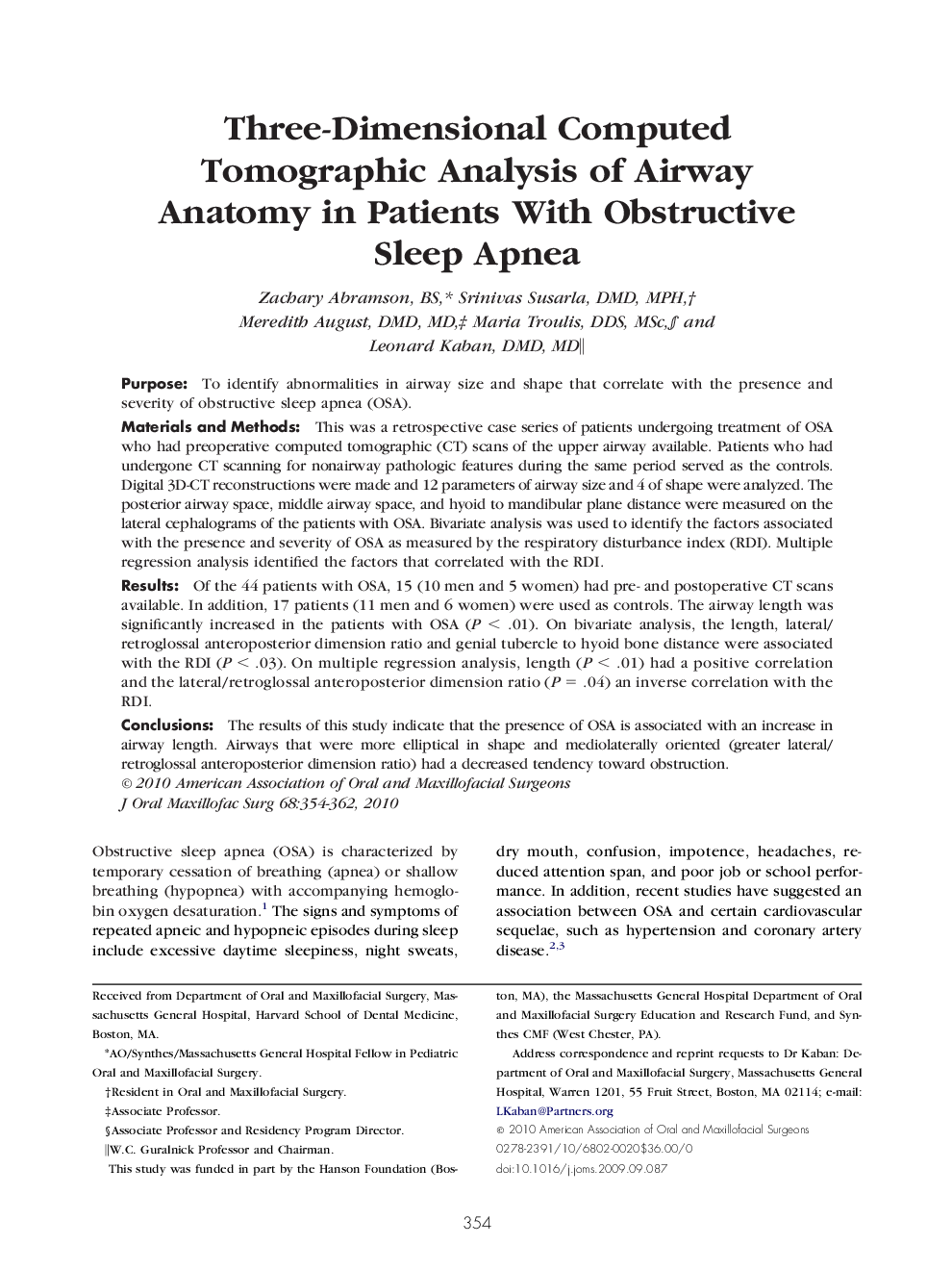 عکس صفحه اول مقاله: Three-Dimensional Computed Tomographic Analysis of Airway Anatomy in Patients With Obstructive Sleep Apnea Three-Dimensional Computed Tomographic Analysis of Airway Anatomy in Patients With Obstructive Sleep Apnea