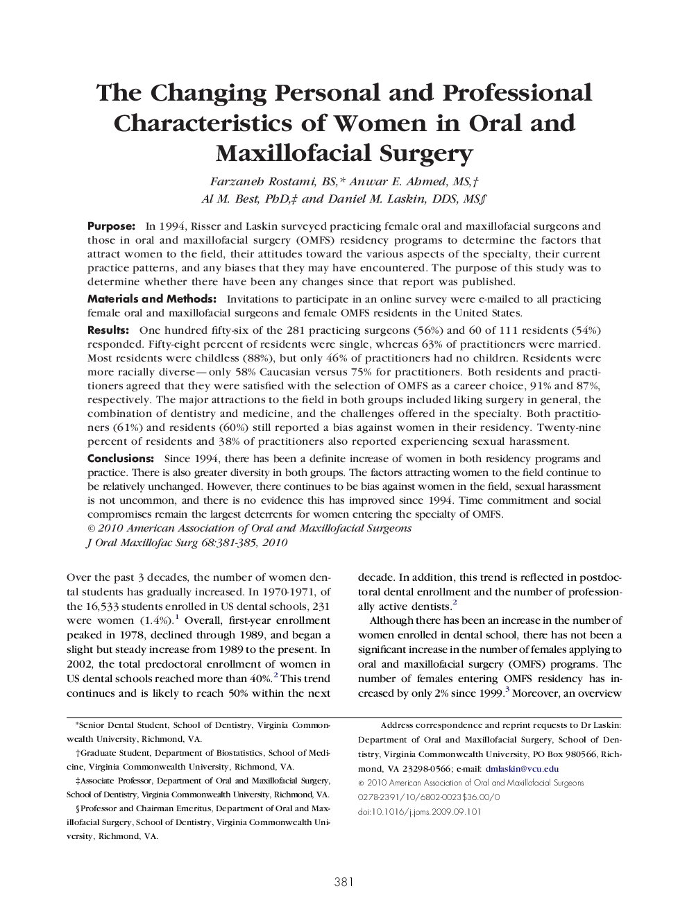 عکس صفحه اول مقاله: The Changing Personal and Professional Characteristics of Women in Oral and Maxillofacial Surgery The Changing Personal and Professional Characteristics of Women in Oral and Maxillofacial Surgery
