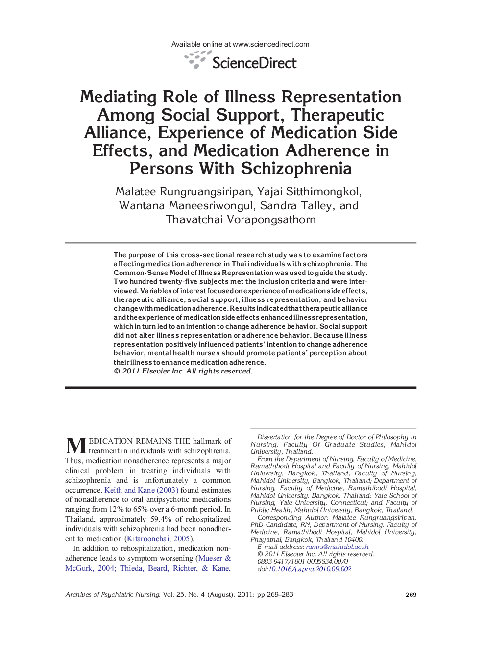 Mediating Role of Illness Representation Among Social Support, Therapeutic Alliance, Experience of Medication Side Effects, and Medication Adherence in Persons With Schizophrenia 