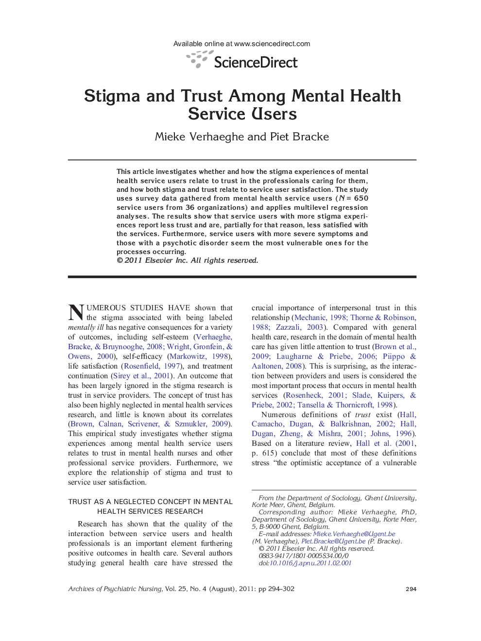 Stigma and Trust Among Mental Health Service Users
