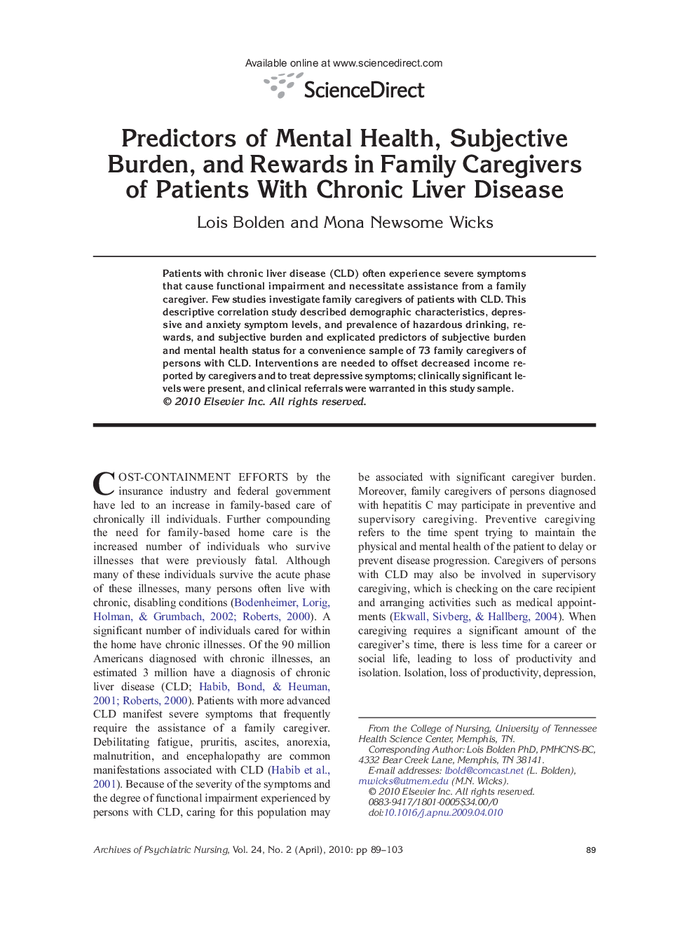 Predictors of Mental Health, Subjective Burden, and Rewards in Family Caregivers of Patients With Chronic Liver Disease