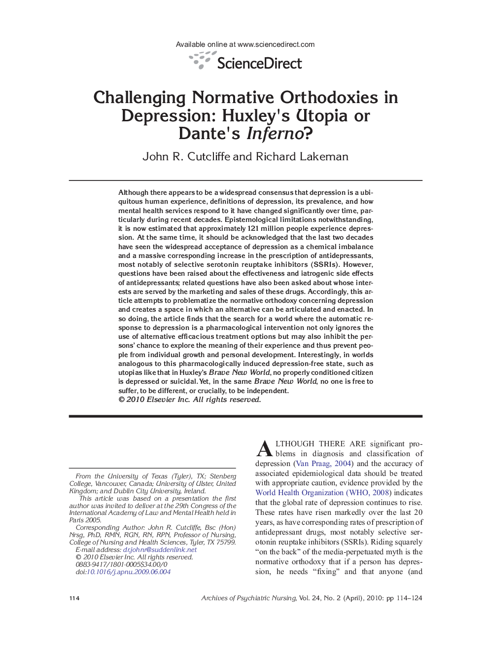 Challenging Normative Orthodoxies in Depression: Huxley's Utopia or Dante's Inferno? 