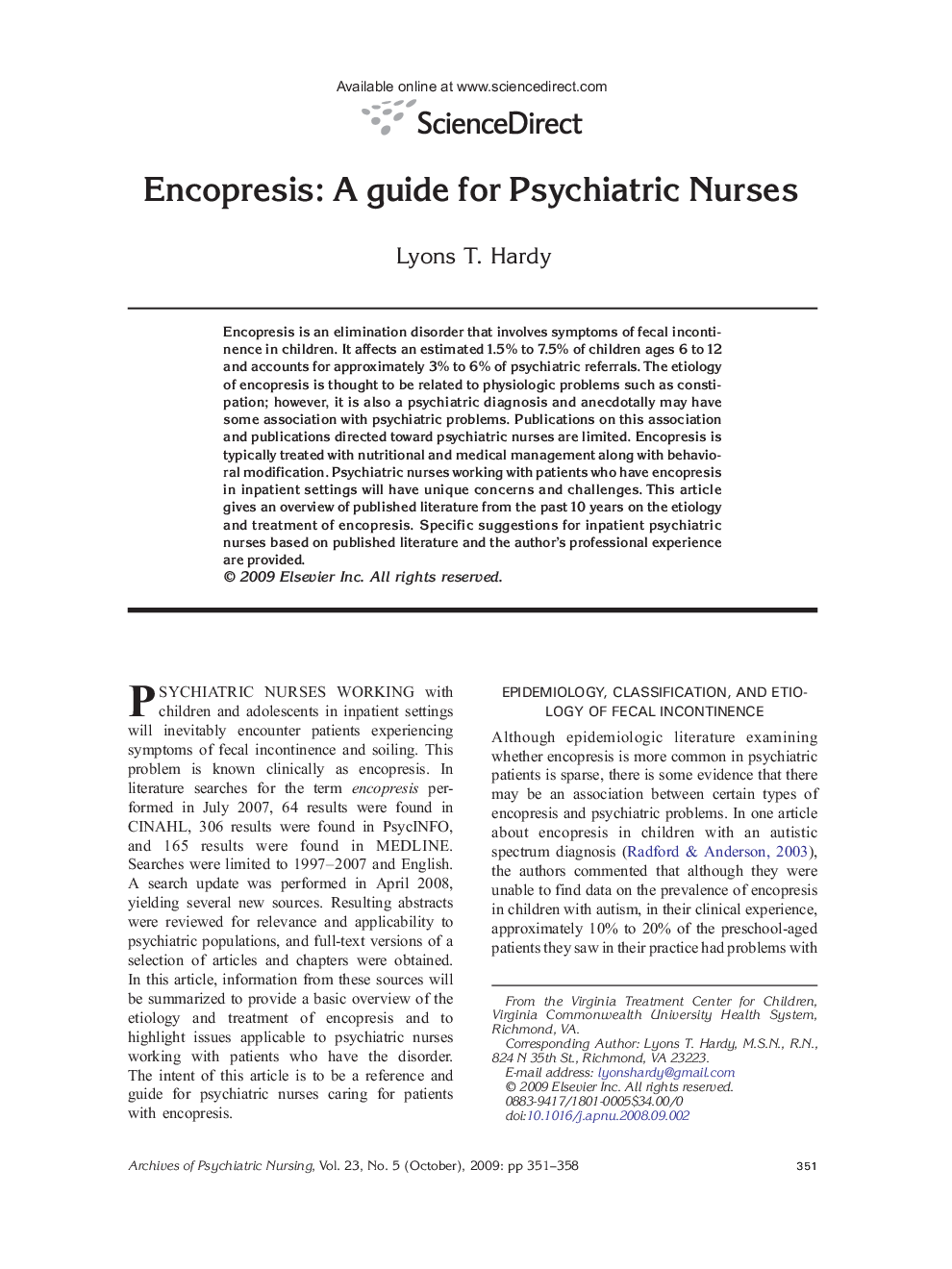 عکس صفحه اول مقاله: Encopresis: A guide for Psychiatric Nurses Encopresis: A guide for Psychiatric Nurses