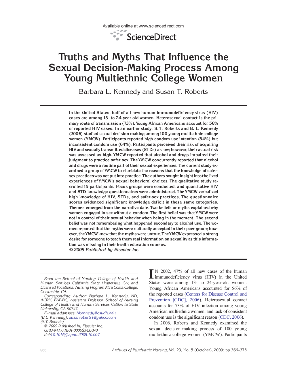 عکس صفحه اول مقاله: Truths and Myths That Influence the Sexual Decision-Making Process Among Young Multiethnic College Women Truths and Myths That Influence the Sexual Decision-Making Process Among Young Multiethnic College Women