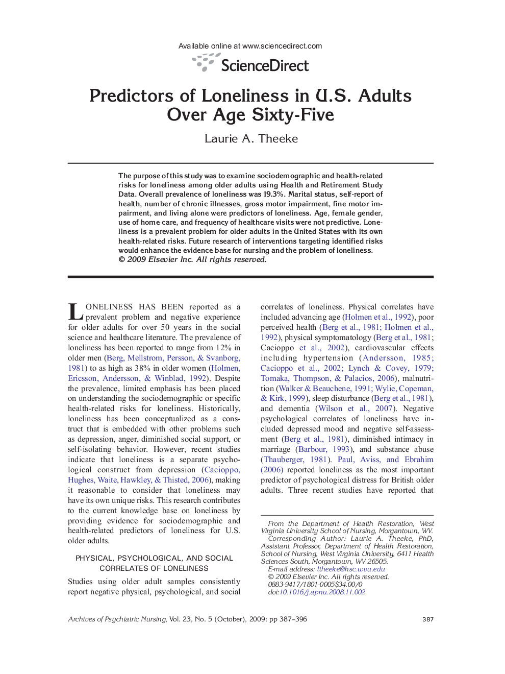 عکس صفحه اول مقاله: Predictors of Loneliness in U.S. Adults Over Age Sixty-Five Predictors of Loneliness in U.S. Adults Over Age Sixty-Five