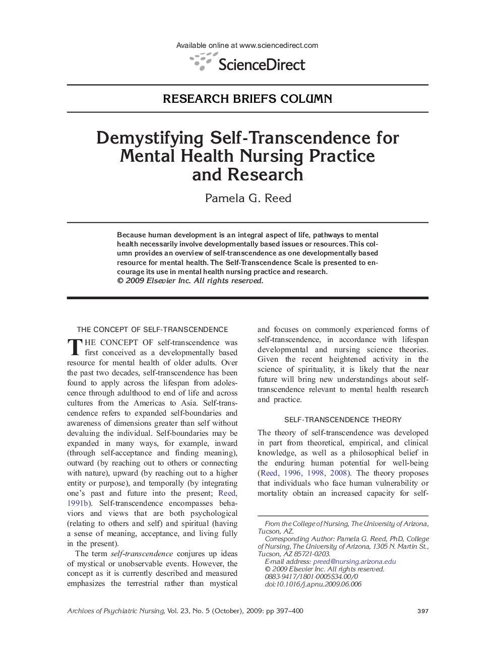 Demystifying Self-Transcendence for Mental Health Nursing Practice and Research